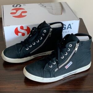 Superga Black High Top with Zippers; Women’s Size 9, Men’s 7.5
